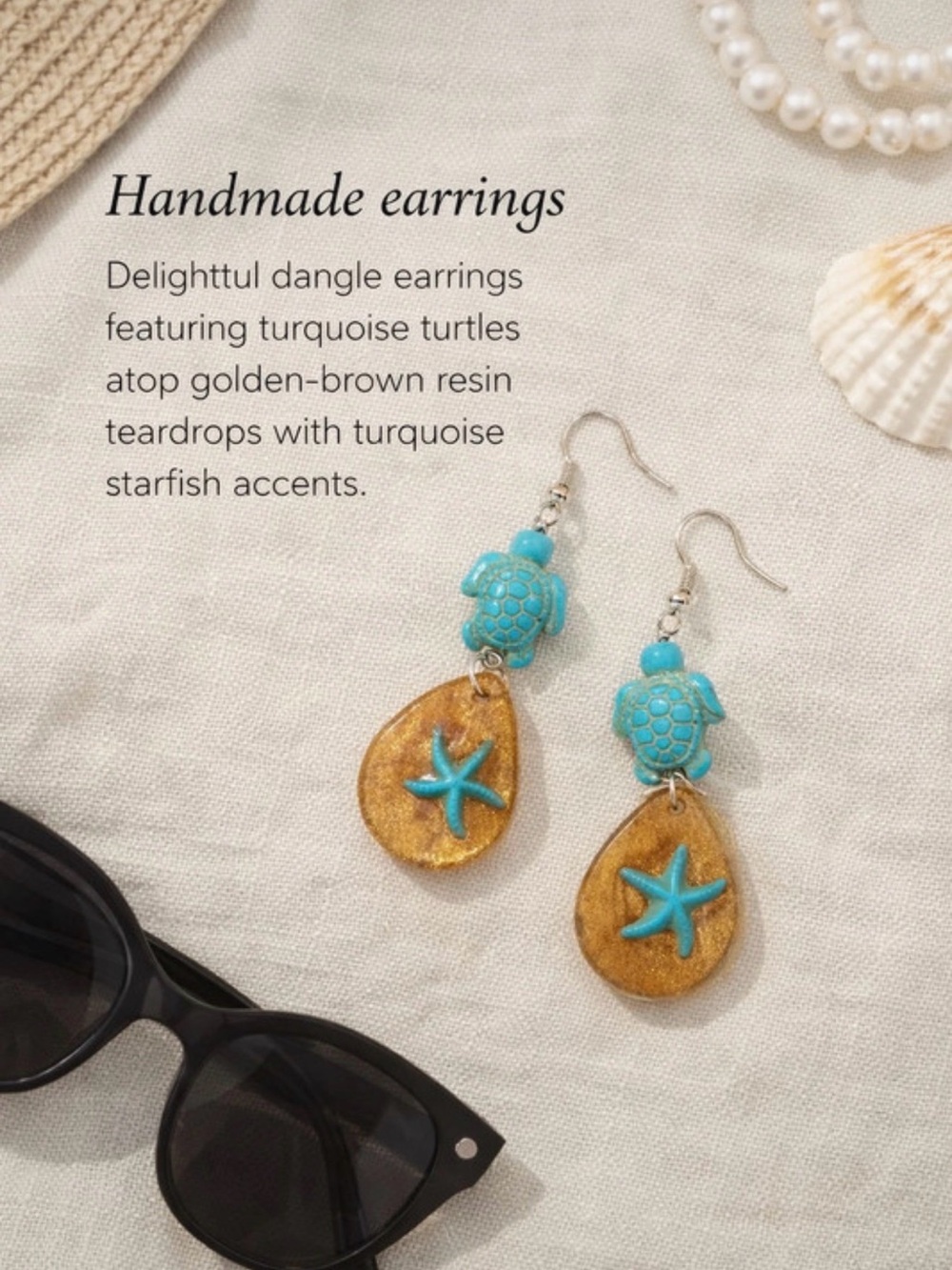 Turquoise Turtle & Golden-Brown Resin Teardrop Earrings